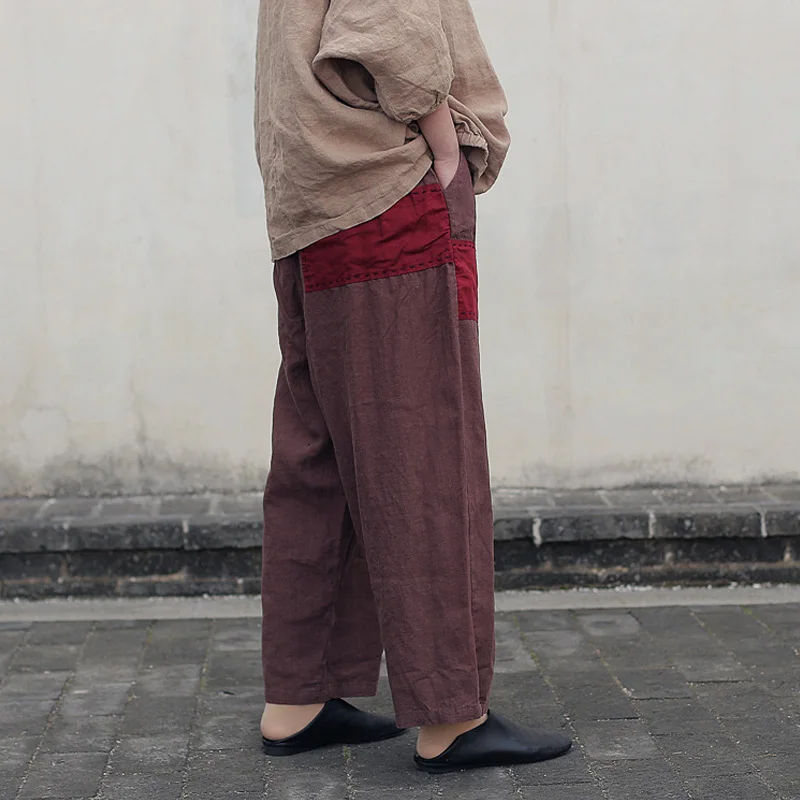 Женские льняные широкие брюки винтажные свободные с эластичной талией и