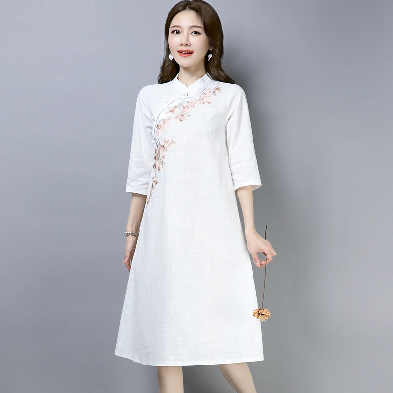 Женское традиционное китайское платье Ципао с рукавом три четверти и цветочной вышивкой, хлопковое платье Ципао