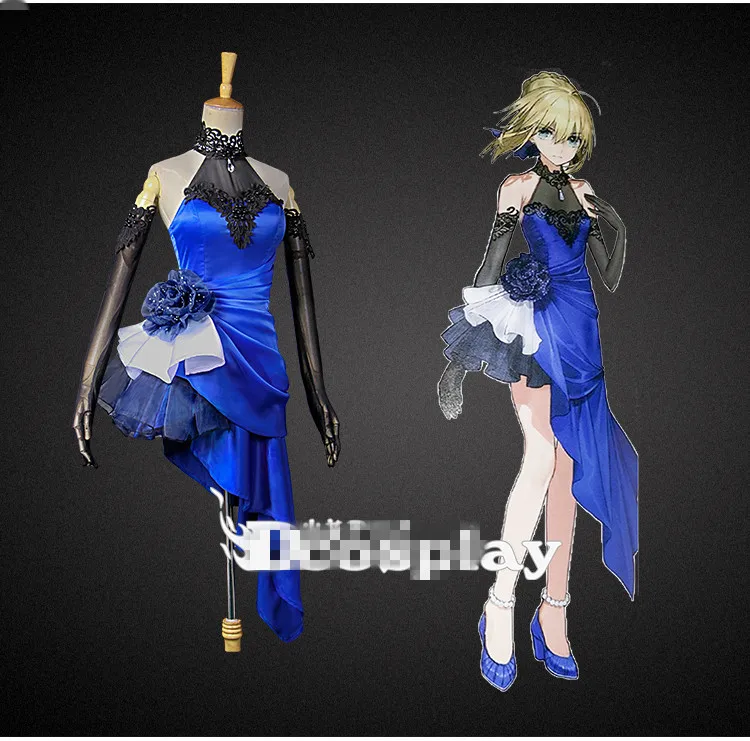 [В наличии] Аниме! Женский костюм для косплея Fate/extella Saber синее кружевное платье с