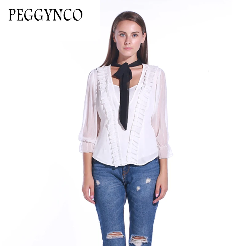 PEGGYNCO новые осенние блузки Для женщин Белый шелковые рубашки женские работы