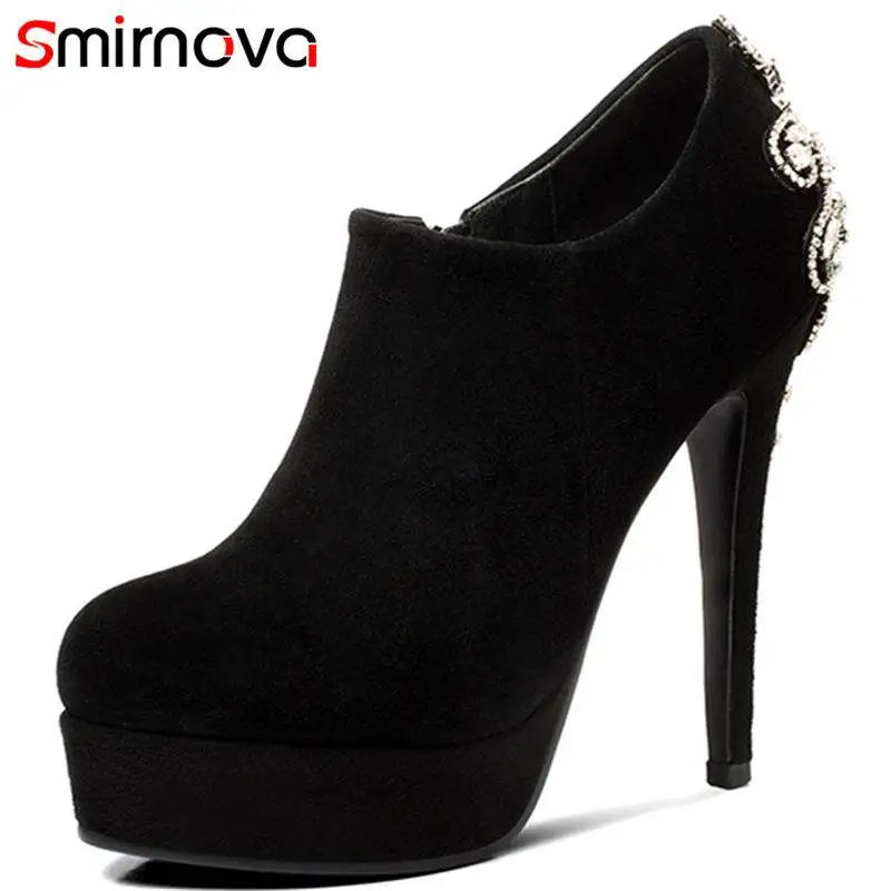 

Женские замшевые туфли-лодочки Smirnova, новинка 2018, на тонком высоком каблуке, с молнией и острым носком, свадебные туфли, Размеры 33-40