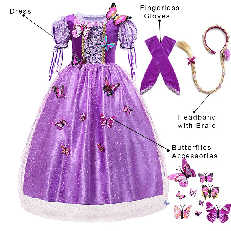 Dress Set Необычная девушка аниме парик, Принцесса Рапунцель одежда с перчатками и подвижными бабочками аксессуар дети лето косплей платье партии - Цвет: Dress Set