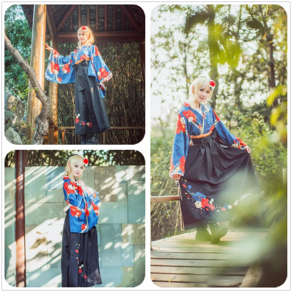 Аниме Love Live! Eli Ayase Taisho кимоно непробужденный синий Печатный карнавальный костюм