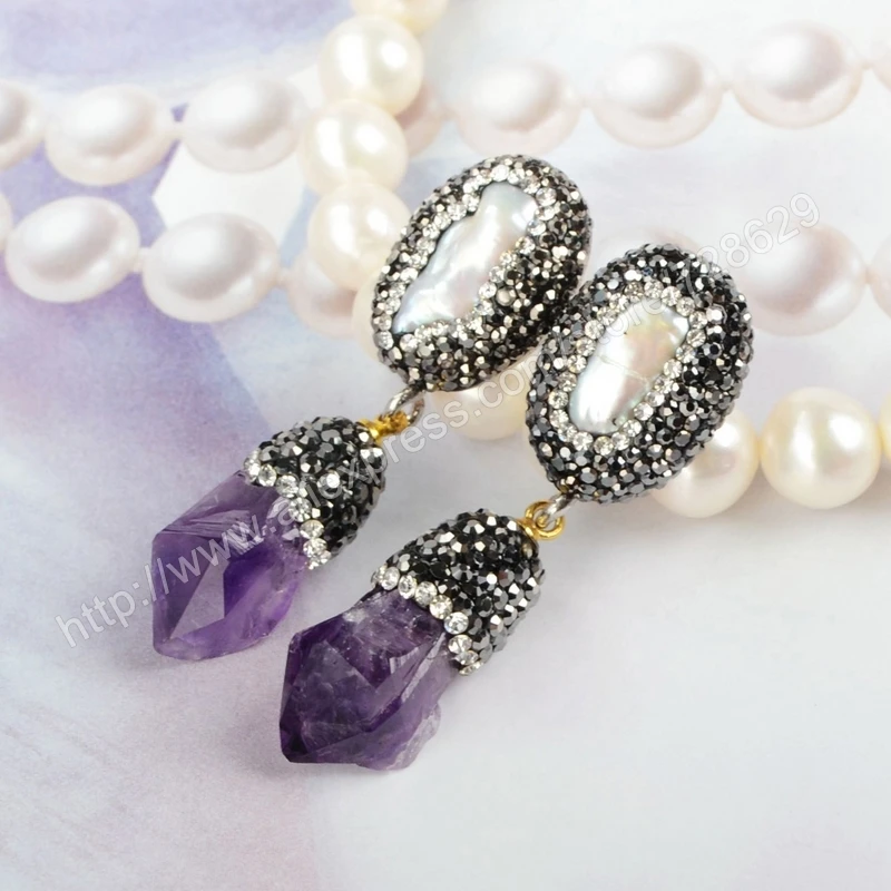 Vintage Stylish Pearl Drop Earrings Handcraft &amp Natural Amethyst Quartz With Black Gun ZC Stone Dangle Druzy J02 | Украшения и