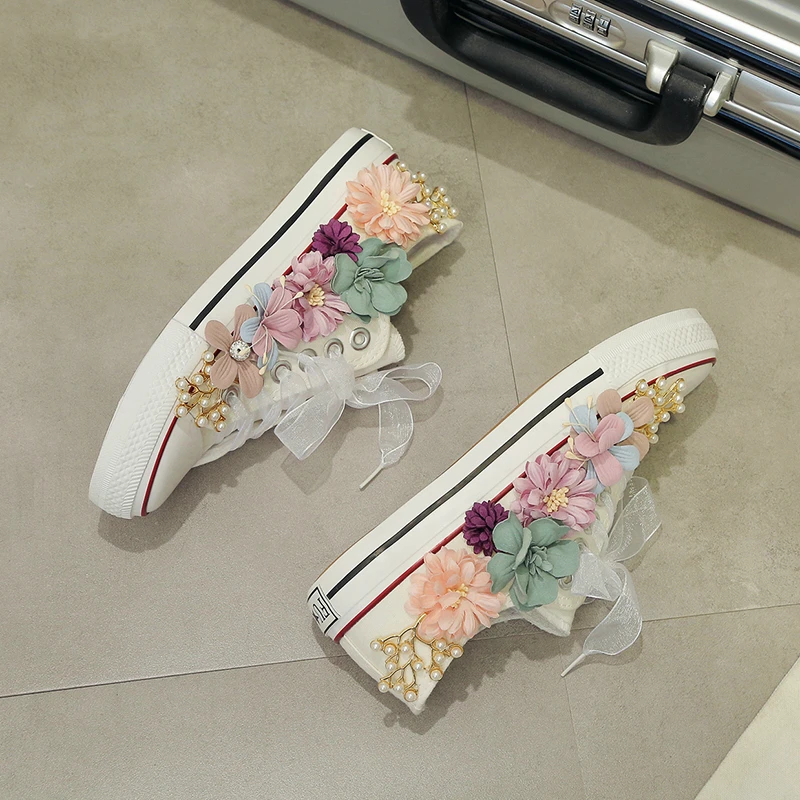 2019 fashion appliques flowers casual shoes ladies flats canvas woman sneakers white black walking MS-108 | Обувь