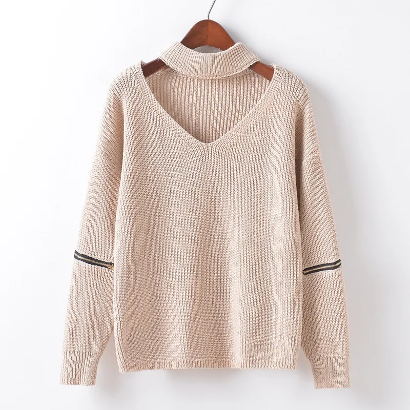 Loose Solid Women Sweaters and Pullovers V Neck Halter Coat Long Sleeve Jumper | Женская одежда
