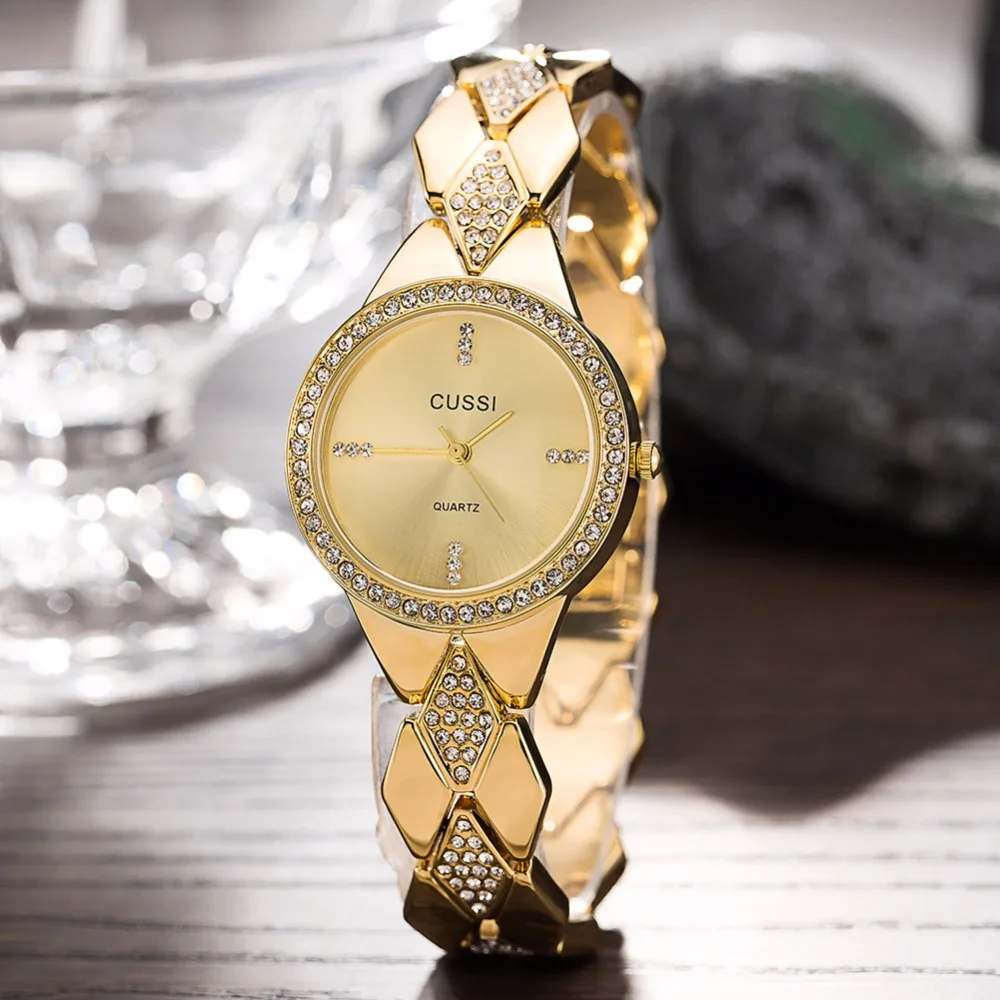 

WA250 CUSSI Womens Watches Gold Luxury Rhinestone Ladies Bracelet Watches Fashion Dress Quartz Wristwatch reloj mujer Gifts