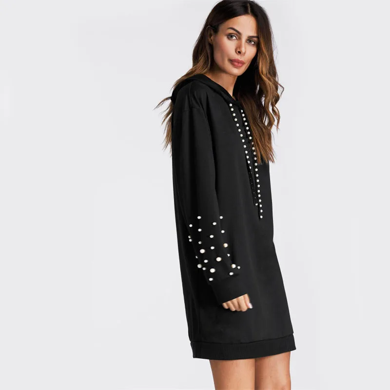 Dotfashion платье-толстовка с жемчугом и бисером, черное платье с длинным рукавом, женское платье, Новое поступление, Осеннее короткое платье