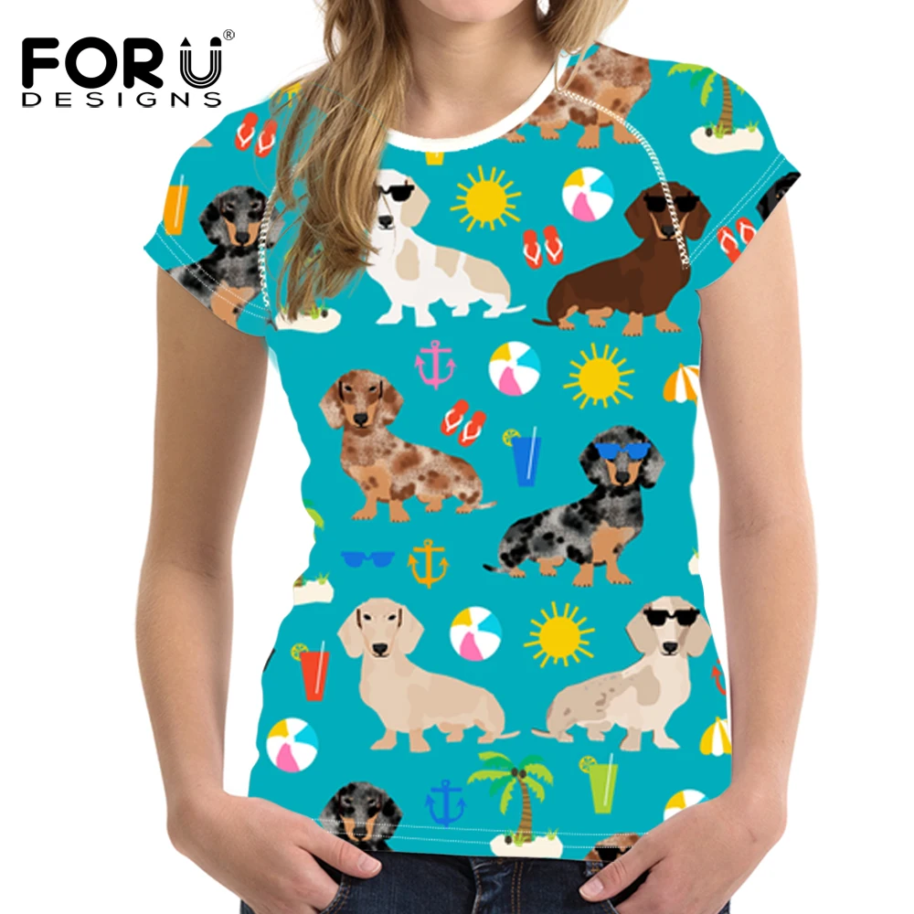 

FORUDESIGNS Women Dachshund Dog Print T Shirt Ladies Fashion Short Sleeve Tops Females Funny French Fries Tee Shirt for Girls