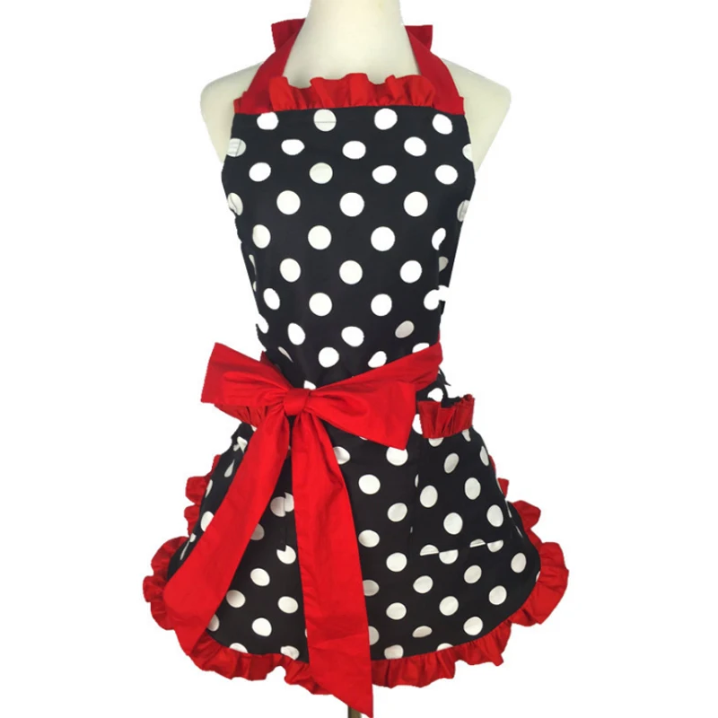 

10pcs New Cute Bib 100% Cotton Apron Dress Flirty Vintage Kitchen Women Dots With Lace Pocket Gift