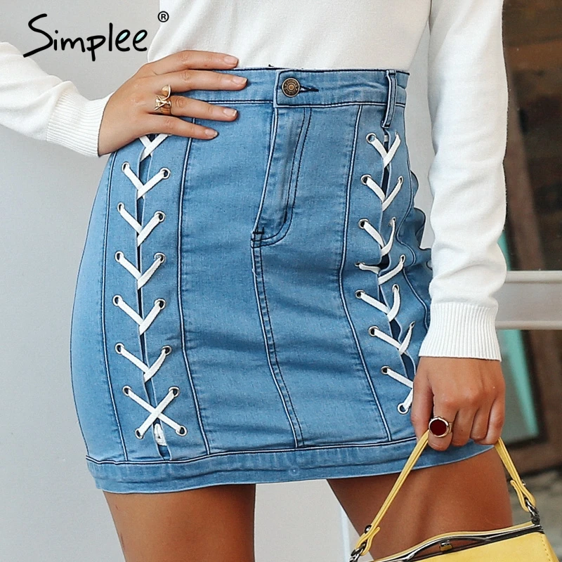 женская джинсовая мини юбка Simplee синяя элегантная винтажная облегающая для