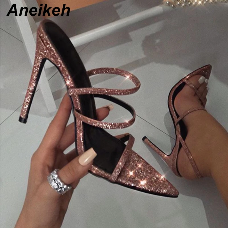 Aneikeh/Новинка года; летние розовые босоножки с эластичными лентами; пикантные вечерние босоножки на шпильках с открытым носком на тонком ремешке