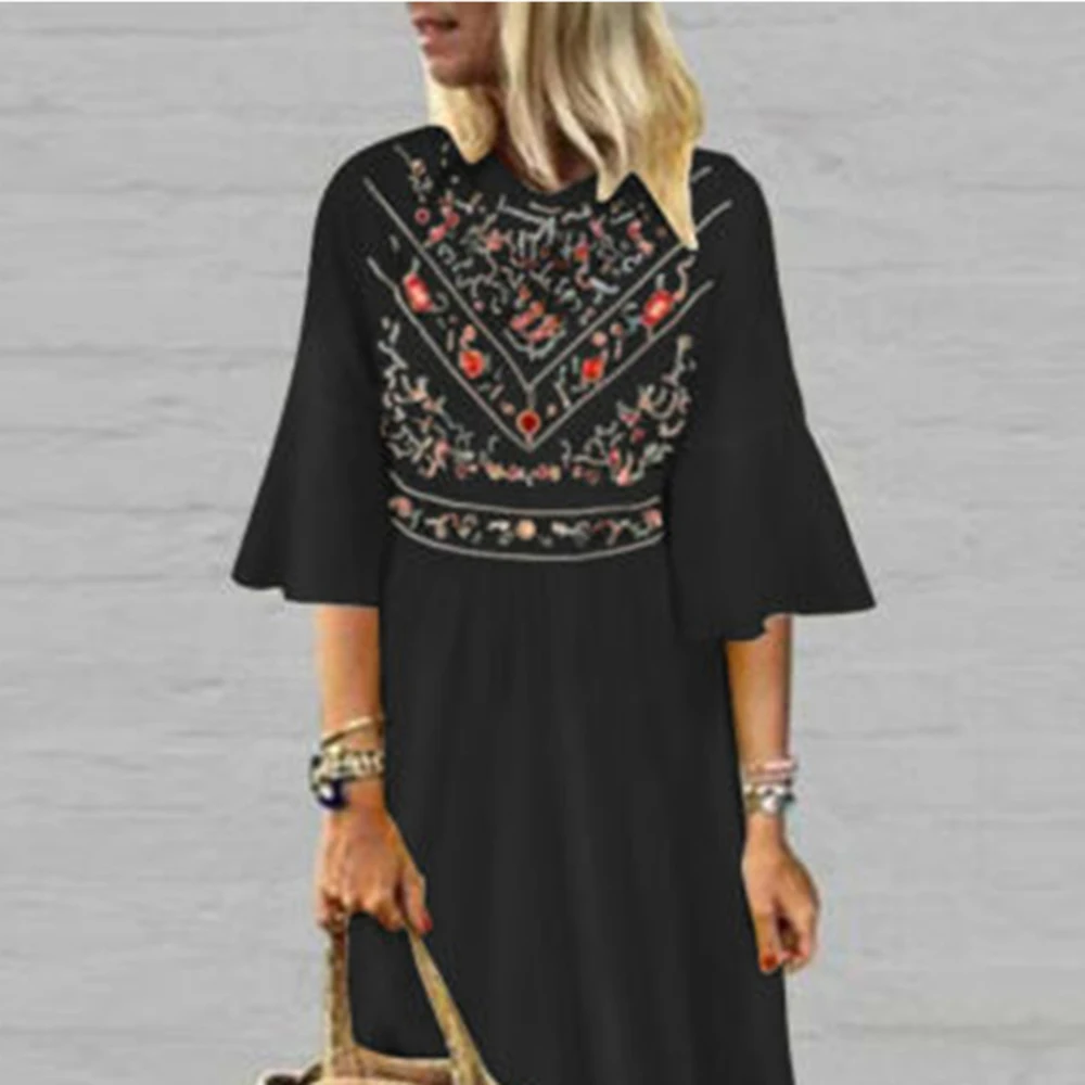 Summer Dress Mid-Sleeve Printed Splicing A-line Casual Elegant Dresses Cotton Ruffle Sleeve V Neck European American White Black | Женская