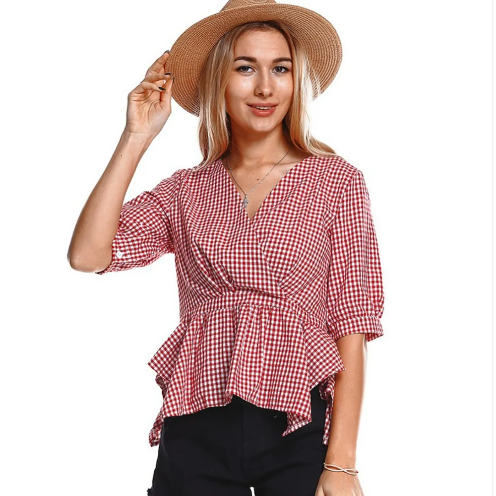 Roiii плед Топы 2018 новый летний Для женщин рубашки Половина рукавом Slim Fit Блузка