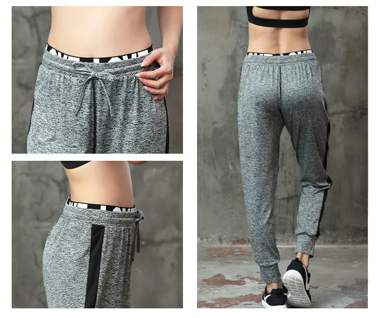 

BACHASH High Waist Pants Trousers Women Drawstring Waist Loose Pants Grey Ribbed Knit Striped Sideseam Sweatpants For Casual