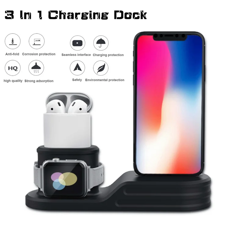 3 в 1 зарядная док станция для iPhone XS XR 8 Plus 7 6 Силиконовая Подставка зарядки Apple watch 4 2