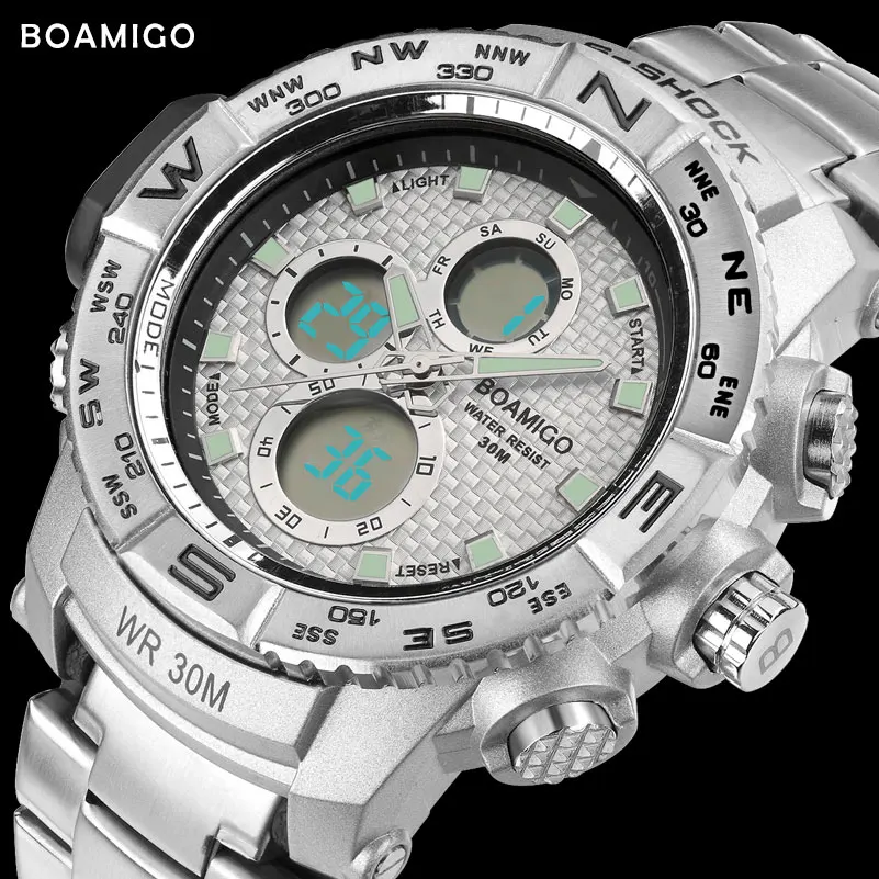 

S-SHOCK men sport watch steel LED digital watch analog quartz watch BOAMIGO brand chronograph clock 30M waterproof reloj hombre