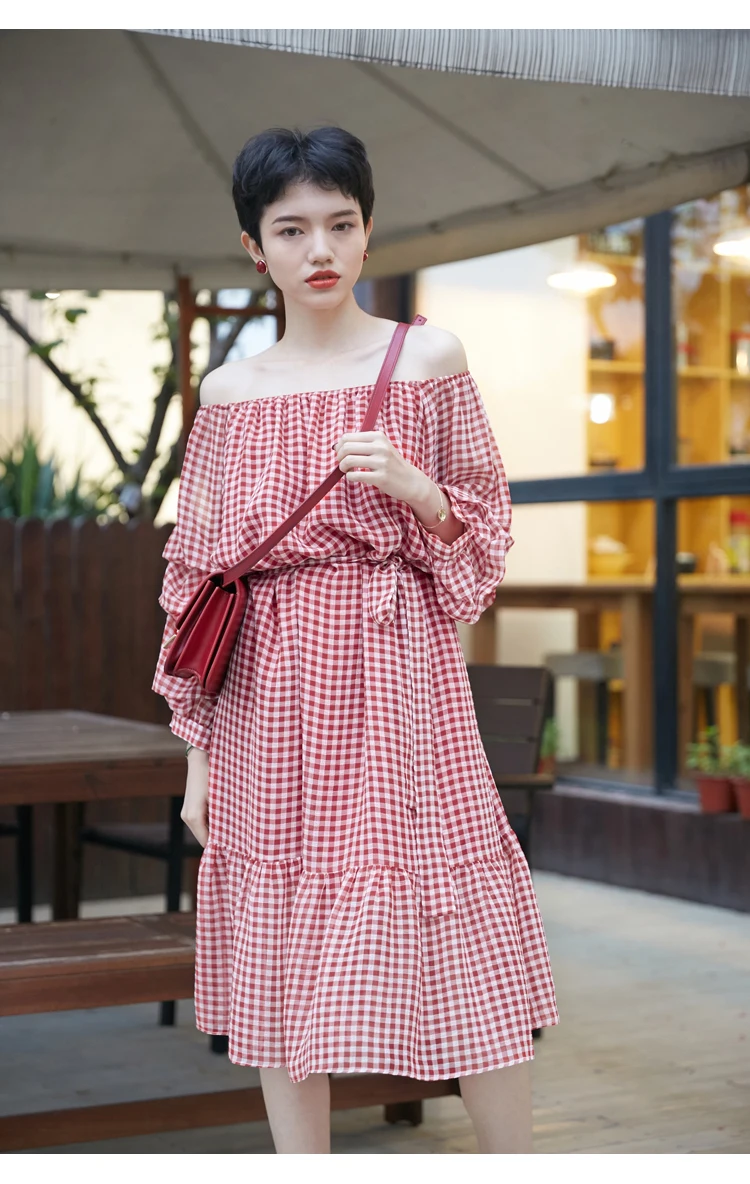 Samstree, сексуальное летнее женское платье, с открытыми плечами, винтажное, Vestidos Verano, клетчатое, на шнуровке, талия, с вырезом лодочкой, до середины икры, женское платье