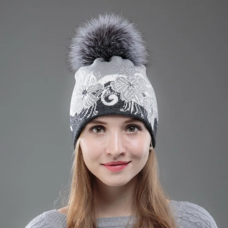 Fox Pompom Новые женские кашемировые зимние шапки с натуральным лисьим мехом, шапка с меховым помпоном с цветочным рисунком, теплая Толстая шерстяная брендовая зимняя шапка из меха норки, новинка - Цвет: Fox Pompom