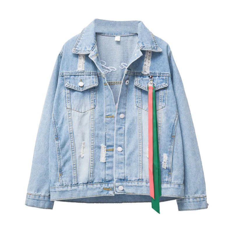 

PERHAPS U Women Denim Jacket Blue Loose Parrot Embroidery Frayed Pocket C0092