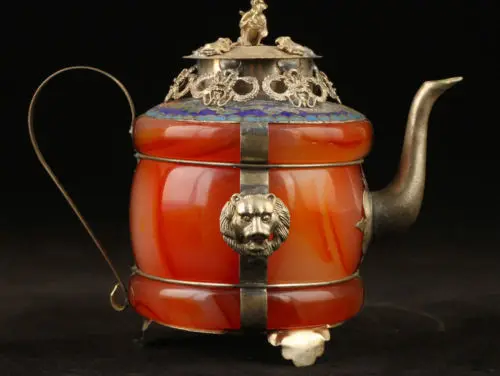 

Коллекционный украшенный старинный ручной работы нефритовый перегородчатый тибетский серебряный дракон чайник