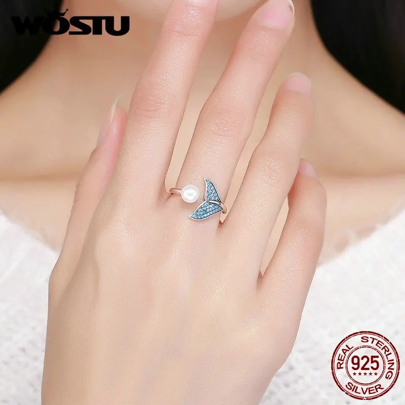 WOSTU 100% 925 Sterling Silver &amp Pearl The Tail Of Mermaid Adjustable Rings for Women Luxury S925 Jewelry Gift FIR286 | Украшения и
