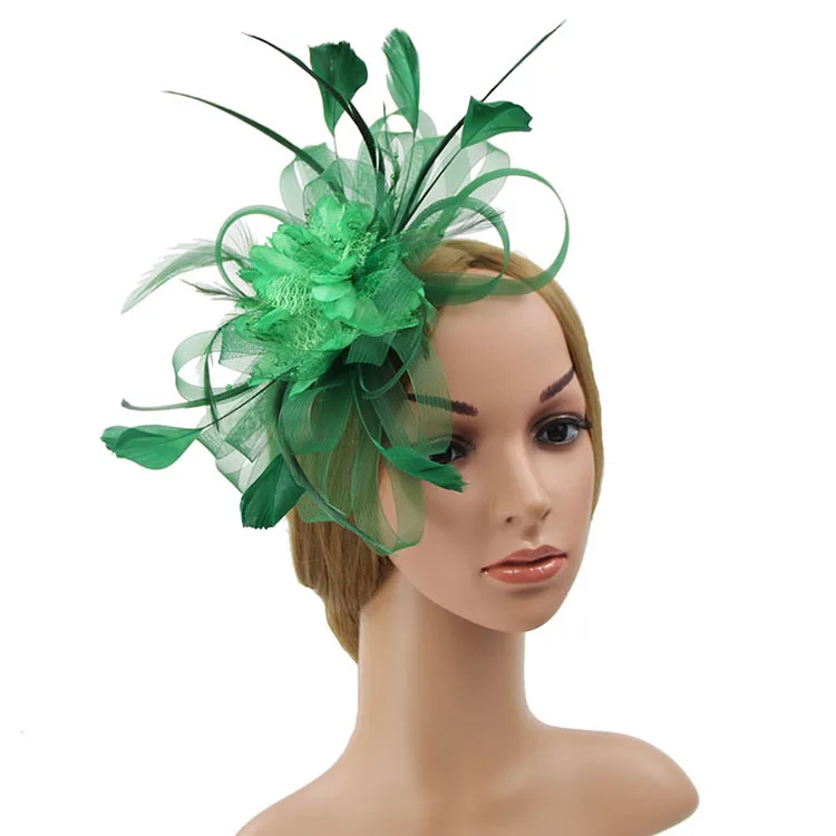 green Шляпа Свадебная королевские шляпы цветок Pamelas Y Sombreros Para Bodas перья шляпка для церкви Зажимная лента шляпа для банкета Свадебная Тиара - Цвет: green