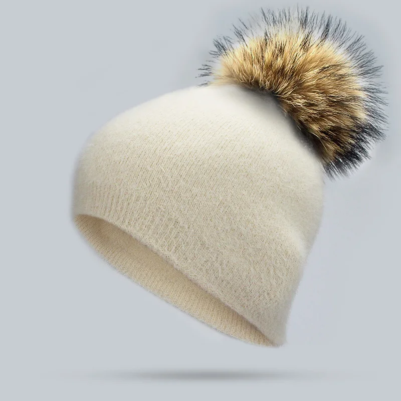 L Девушка Для женщин зима теплая Skullies шапочки Кролика трикотажные шапочки с натуральным мехом Pom Hat Кепки мягкие однотонные енота меховым помпоном Bone - Цвет: L