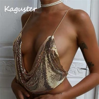 Sexy V-neck Backless Halter Matel Tops Shinning Crystal Diamond Crop Top Summer Beach Tops Party Camis Women Tank Top Blusa