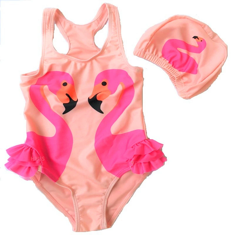 

Cute Swan & Flamingo Swimsuit with Swimming Cap baby girls one-piece swimwear Bathing Suit For Children
