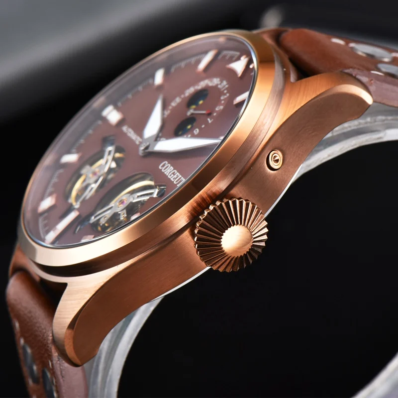 Corgeut 46mm Mens Automatic Watch Coffee PVD Case Luminous Dial WristWatch Date Function Flywheel Mechanical Watches CA3023CC | Наручные