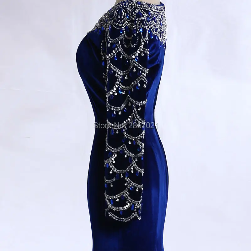 Настоящее Фотография Luxury Royal Blue Velvet Вечернее Платье На Заказ Русалка С Длинным Рукавом Пром Платья Формальные Хрустальные Бусины Дубай Вечернее Платье