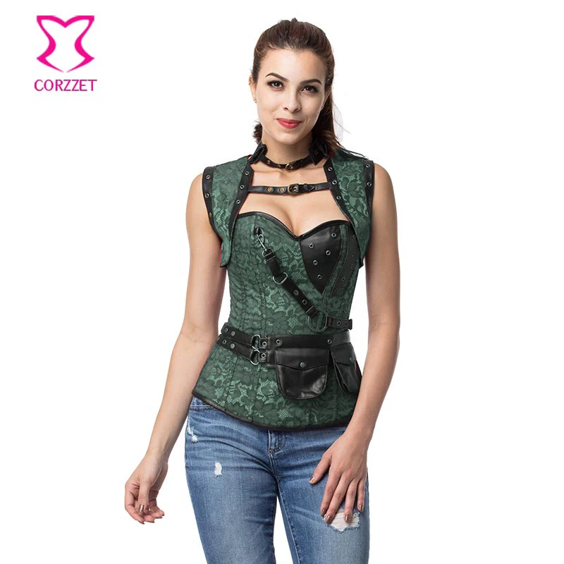 Green Brocade Steel Boned Overbust Corset Plus Size Steampunk Corsets And Bustiers Sexy Gothic Clothing Espartilhos E Corpetes