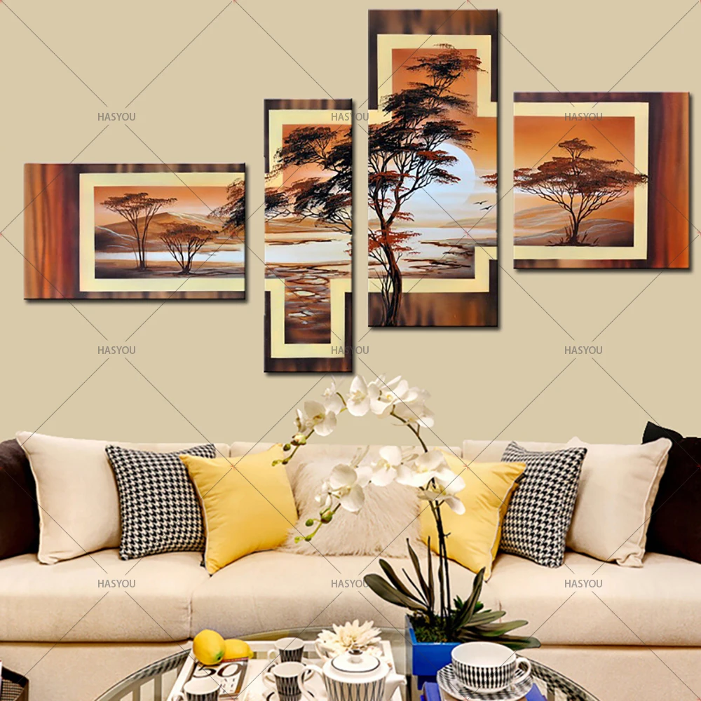 Абстрактная масляная живопись с деревом пейзаж 4 шт.|4 piece canvas art|canvas artoil painting |