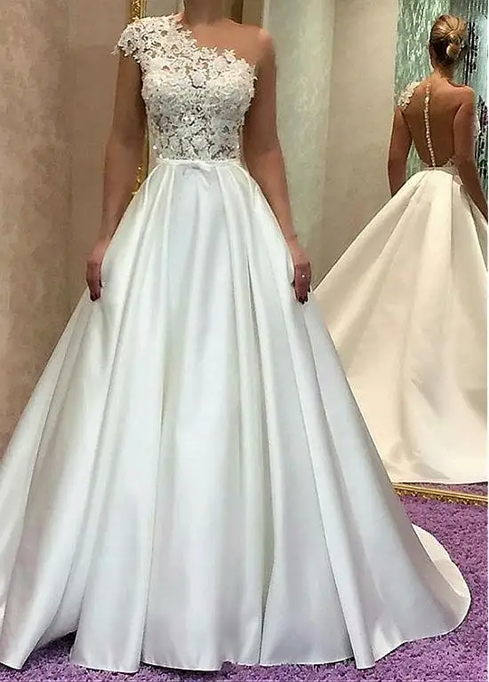 

Luxury Sexy Lace satin Wedding Dresses a-line one shoulder bride dresses Wedding Gown Robe de mariage 2021 Vestido de Noiva