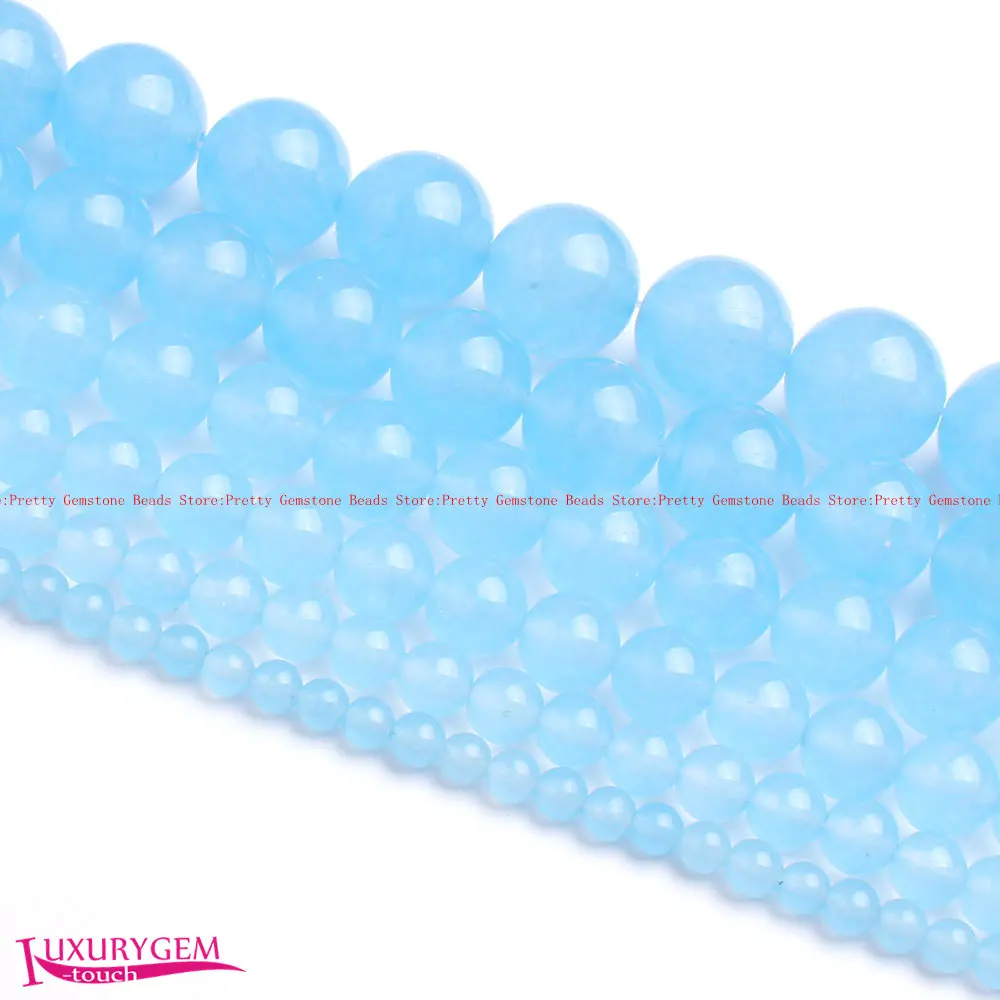 

4,6,8,10,12,14mm Smooth Natural Light Blue Jades Round Shape Loose Beads Strand 15" Jewelry Making wj386