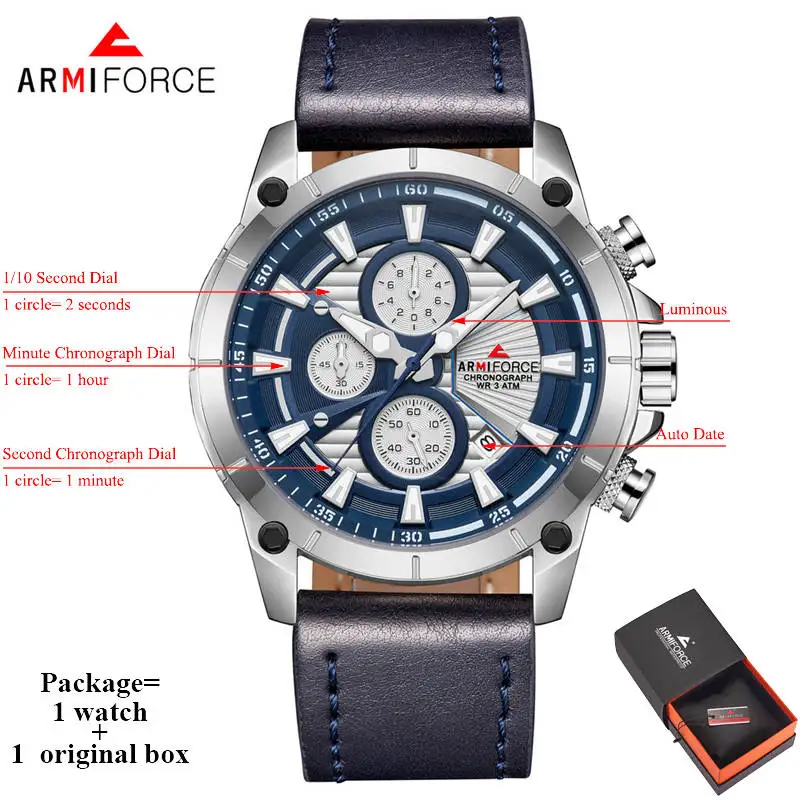 ARMIFORCE деловые мужские часы, военные мужские часы с хронографом, Мужские АВТО часы с кожаным ремешком, светящиеся наручные часы, Reloj Hombre AF8007 - Цвет: blue
