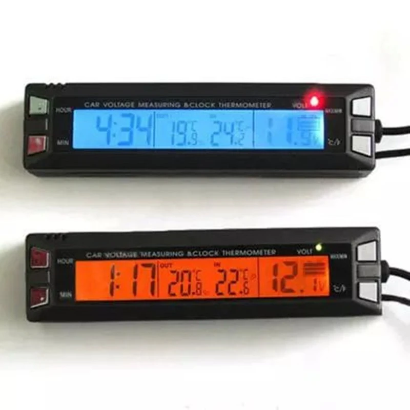12 V 24 V Xe Nhiệt Kế LCD Kỹ Thuật Số Trong Nhà Xe Ngoài Trời Điện Áp Monitor Clock Nhiệt Độ Xe Meter Vôn Kế Cảm Biến Cáp