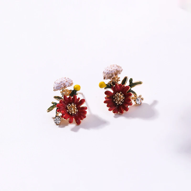 Red Серьги-гвоздики для женщин, модные Эффектные серьги, хорошее ювелирное изделие, дизайнерские корейские металлические эмалированные цветочные серьги, красивый сад - Окраска металла: Red