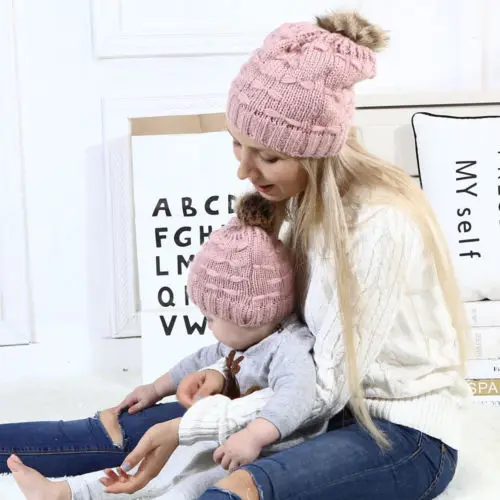 

Family Mom Beanie Hat Cap Knitted hat Newborn Baby Knit Soild Cotton Blend Women Warm 2pcs