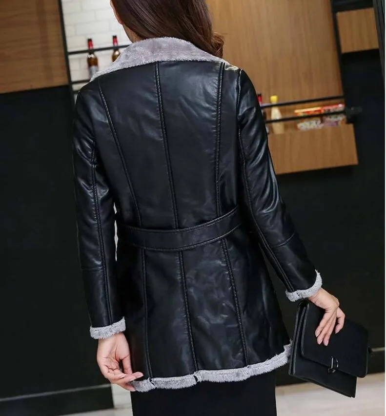 Мотоциклетная куртка из искусственной кожи зимняя бархатная 4XL | Женская одежда