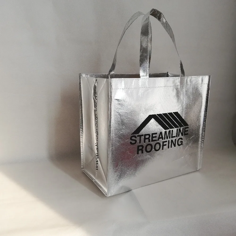 500 шт/лот персонализированные размер 32Hx36x20cm многоразовые пользовательские блестящие металлические сумки для покупок лазерные ламинированные рекламный логотип сумки