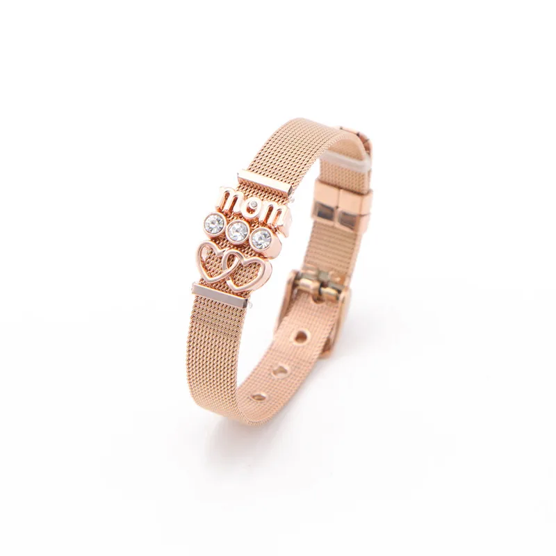 rose gold ARMNVNV Мама Любовь скользящий Шарм Сердце Хранитель браслеты нержавеющая сталь сетки Браслеты DIY Шарм ювелирные изделия для подарок на день матери - Окраска металла: rose gold
