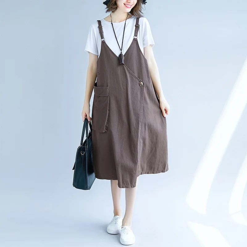 ilstile 2018 Women Spaghetti Strap Casual Loose Cotton Midi Dress Summer Autumn Fashion Pockets Plus Size Basic New M-XXL | Женская