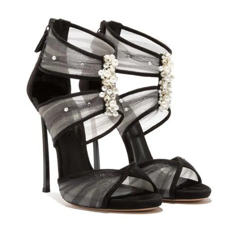 Olomm New Women Platform Sandals Sexy Metal High Heels Gorgeous Pearl Open Toe Black Dress Shoes Ladies US Size 4-10.5 | Обувь
