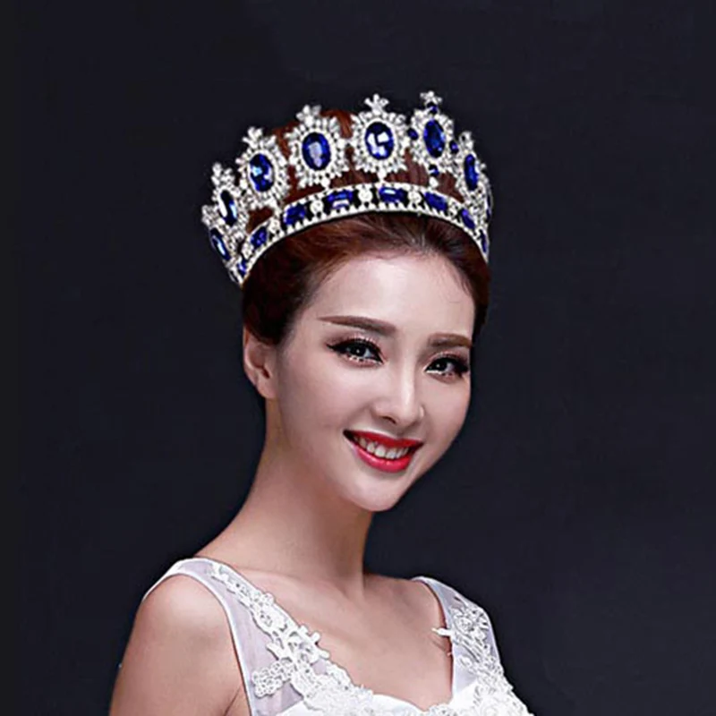 Blue Crown Silver Барокко Красный Кристалл полная круглая корона большая синяя тиара большие стразы Принцесса Корона женские свадебные аксессуары для волос; свадебные подарки - Окраска металла: Blue Crown Silver