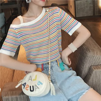 Женские летние топы 2020 трикотажный топ в радужную полоску с отворотным