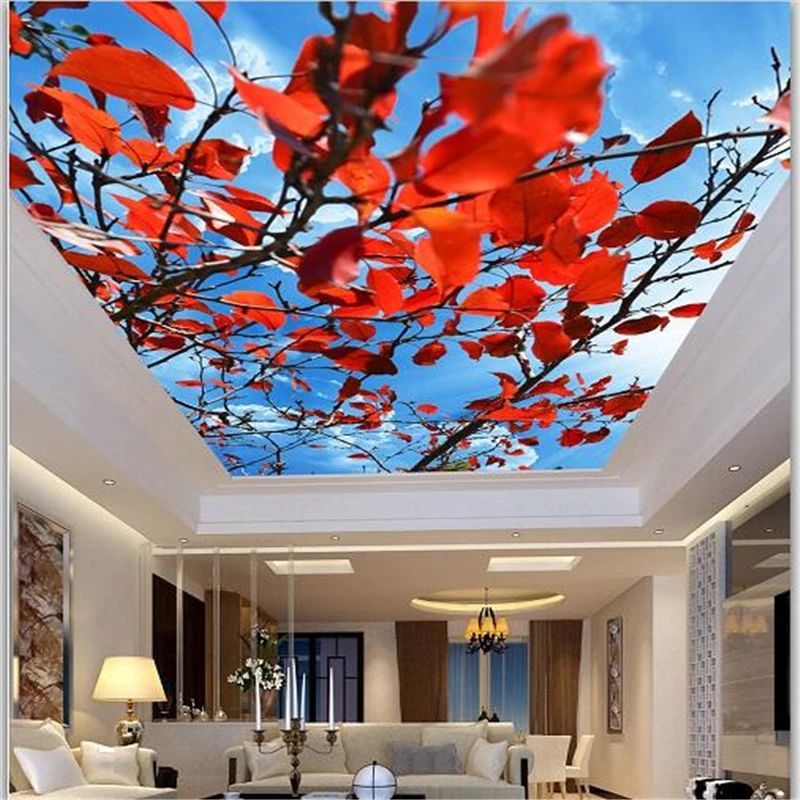 wellyu Custom large wallpaper 3d beautiful blue sky red leaves ceiling zenith fresco living room papel de parede | Обустройство дома