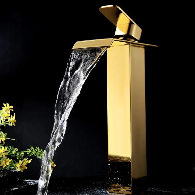 

Free ship Single Hole Bathroom Vessel Sink Square Faucet mixer tap tall TI-gold clour
