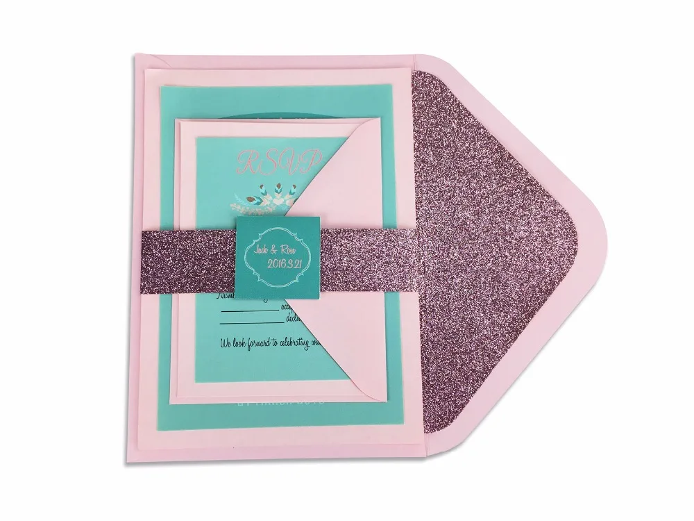 30 шт./лот блестящий лайнер конверт с синим украшением приглашение и набор RSVP